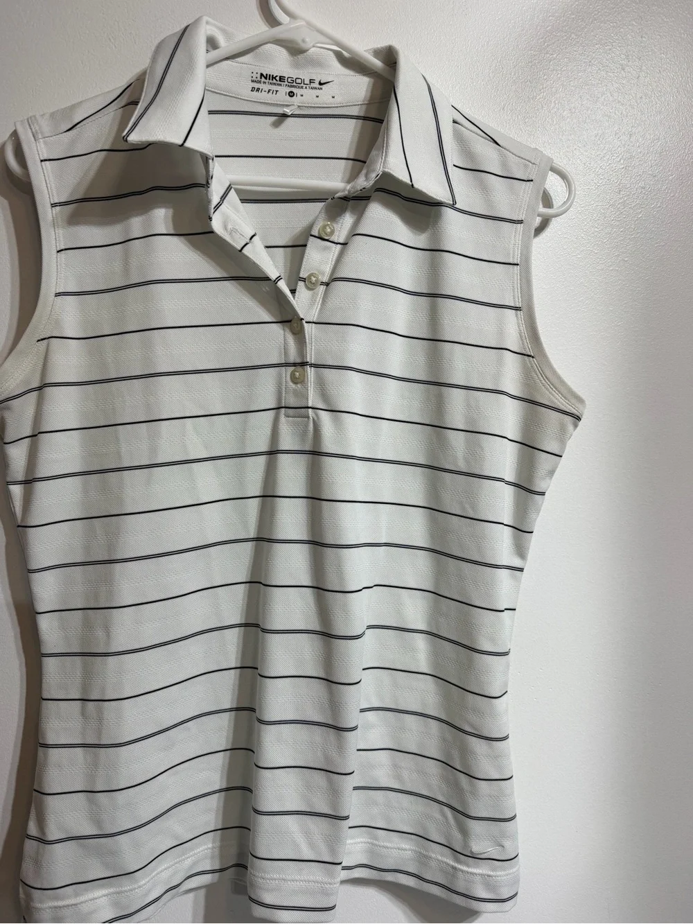 Nike Golf White Black Striped Sleeveless Dri-Fit Polo Shirt Size Medium